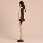 Women's Cream Brown Croc Texture Leather Bomber Jacket