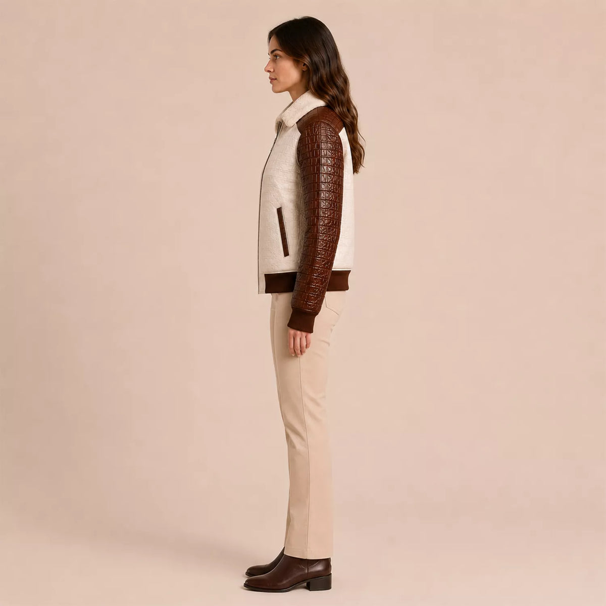 Women's Cream Brown Croc Texture Leather Bomber Jacket
