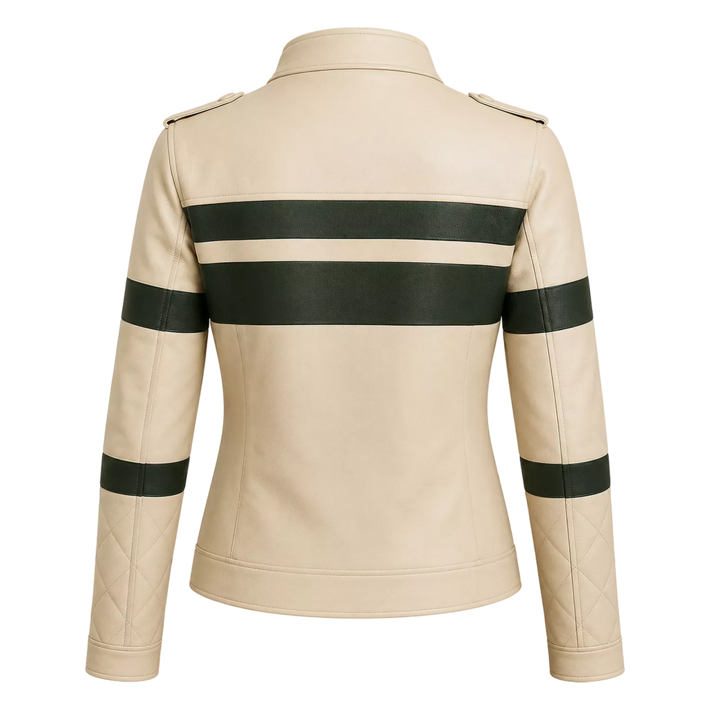 Women's Cream Green Stripe Moto Leather Jacket