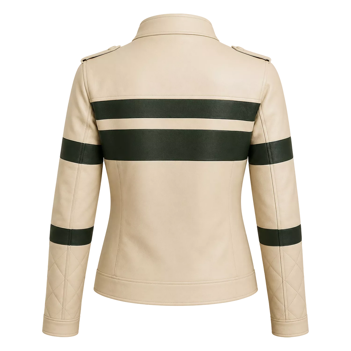 Women's Cream Green Stripe Moto Leather Jacket