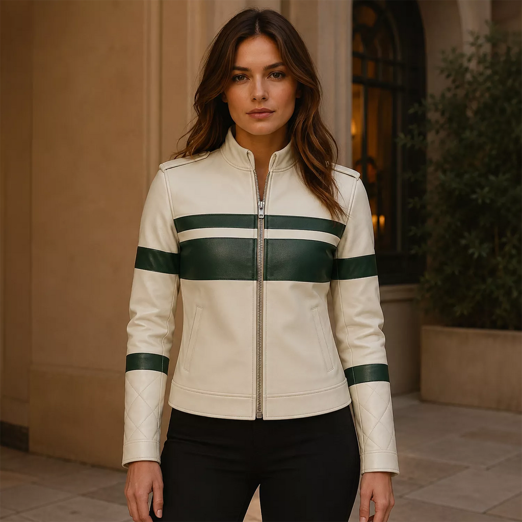 Women's Cream Green Stripe Moto Leather Jacket