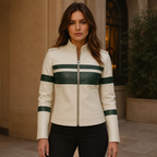 Women's Cream Green Stripe Moto Leather Jacket