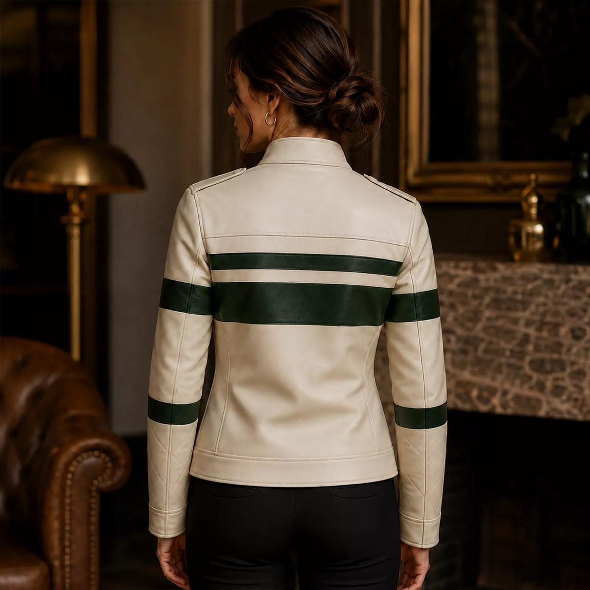 Women's Cream Green Stripe Moto Leather Jacket
