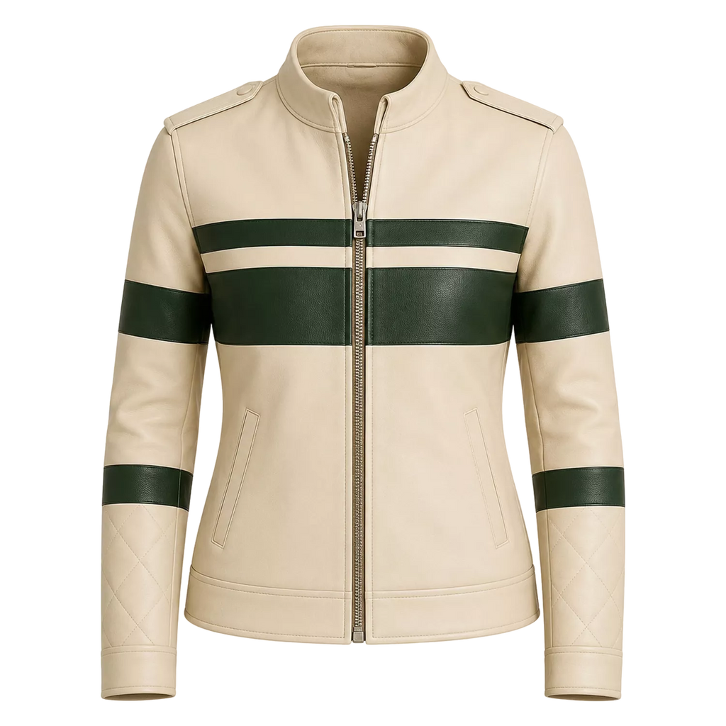 Women's Cream Green Stripe Moto Leather Jacket