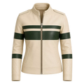 Women's Cream Green Stripe Moto Leather Jacket