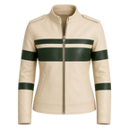 Women's Cream Green Stripe Moto Leather Jacket