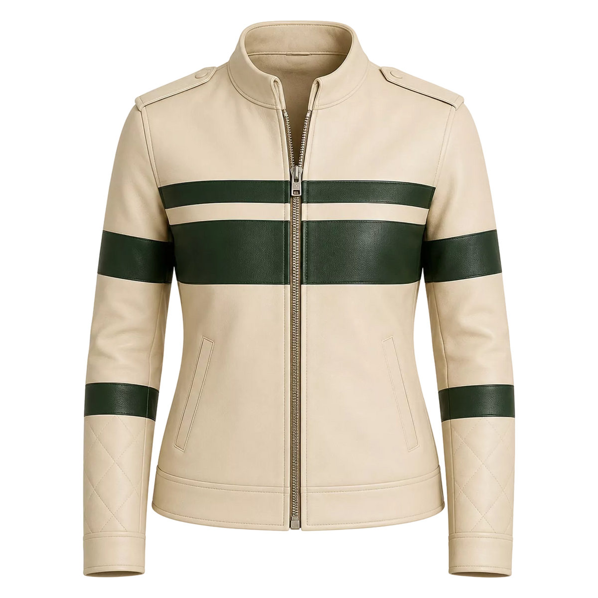 Women's Cream Green Stripe Moto Leather Jacket
