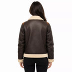 Women's Dark Brown Cream Shearling Leather Bomber Jacket