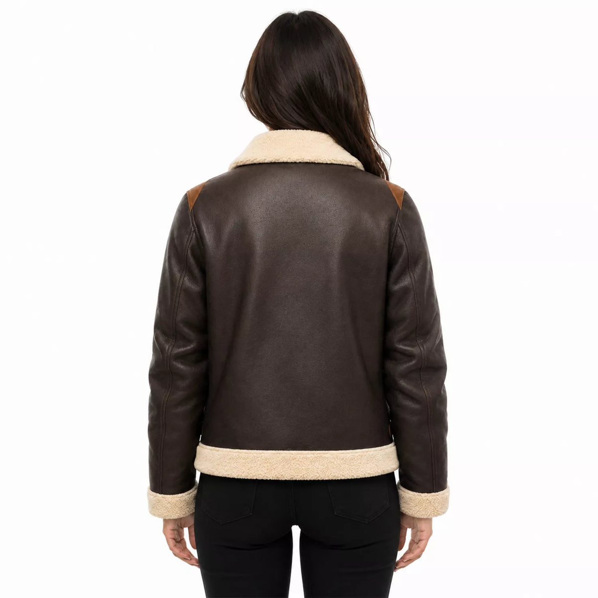 Women's Dark Brown Cream Shearling Leather Bomber Jacket