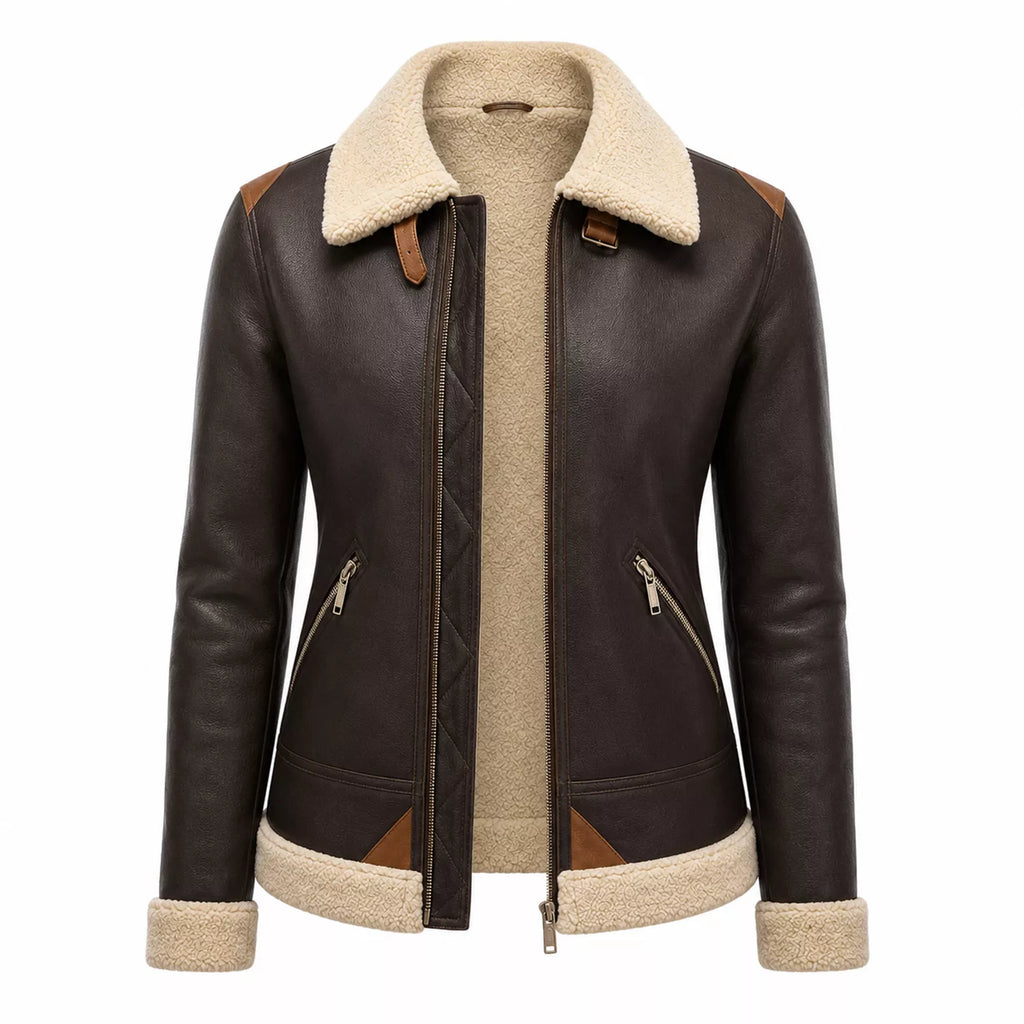Women's Dark Brown Cream Shearling Leather Bomber Jacket