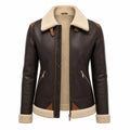 Women's Dark Brown Cream Shearling Leather Bomber Jacket