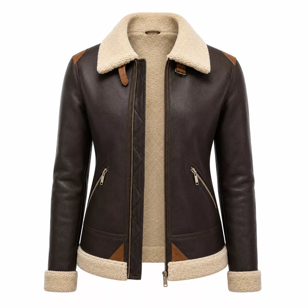 Women's Dark Brown Cream Shearling Leather Bomber Jacket