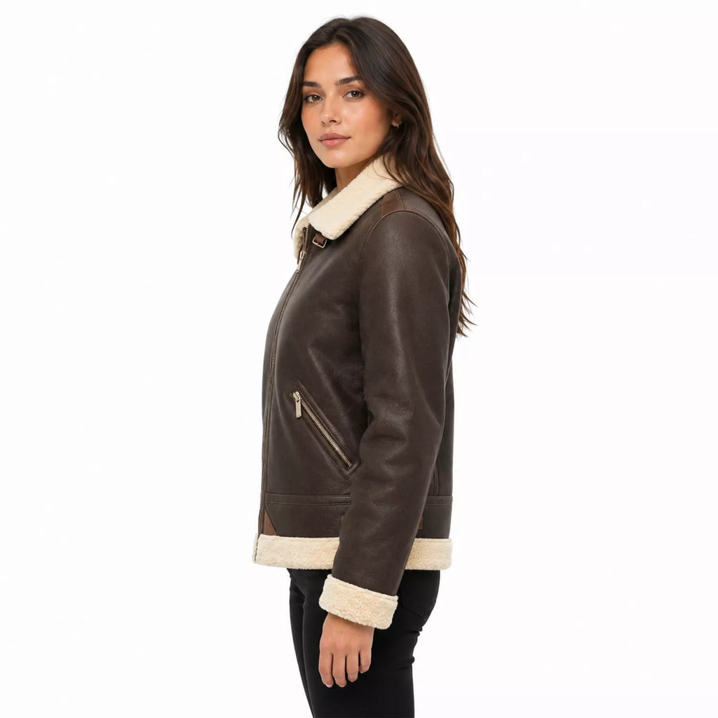 Women's Dark Brown Cream Shearling Leather Bomber Jacket