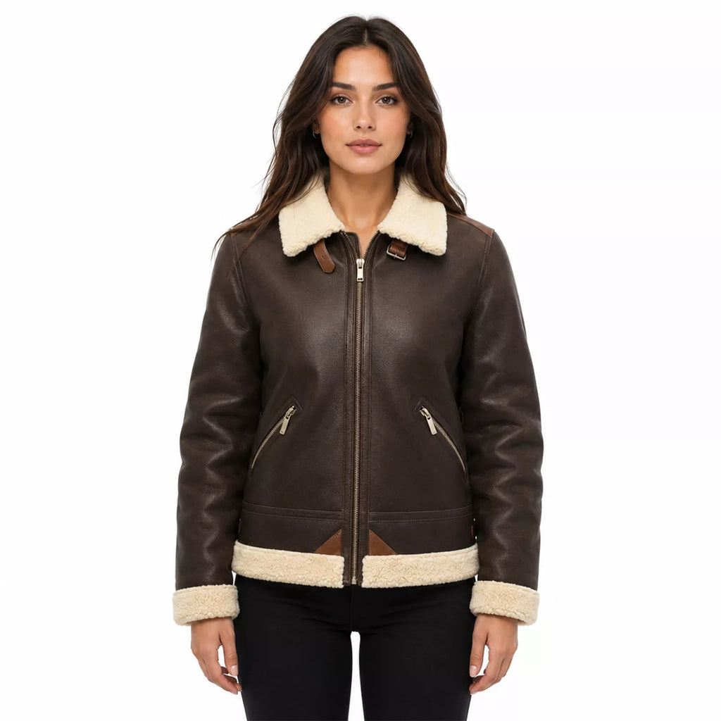 Women's Dark Brown Cream Shearling Leather Bomber Jacket