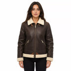 Women's Dark Brown Cream Shearling Leather Bomber Jacket