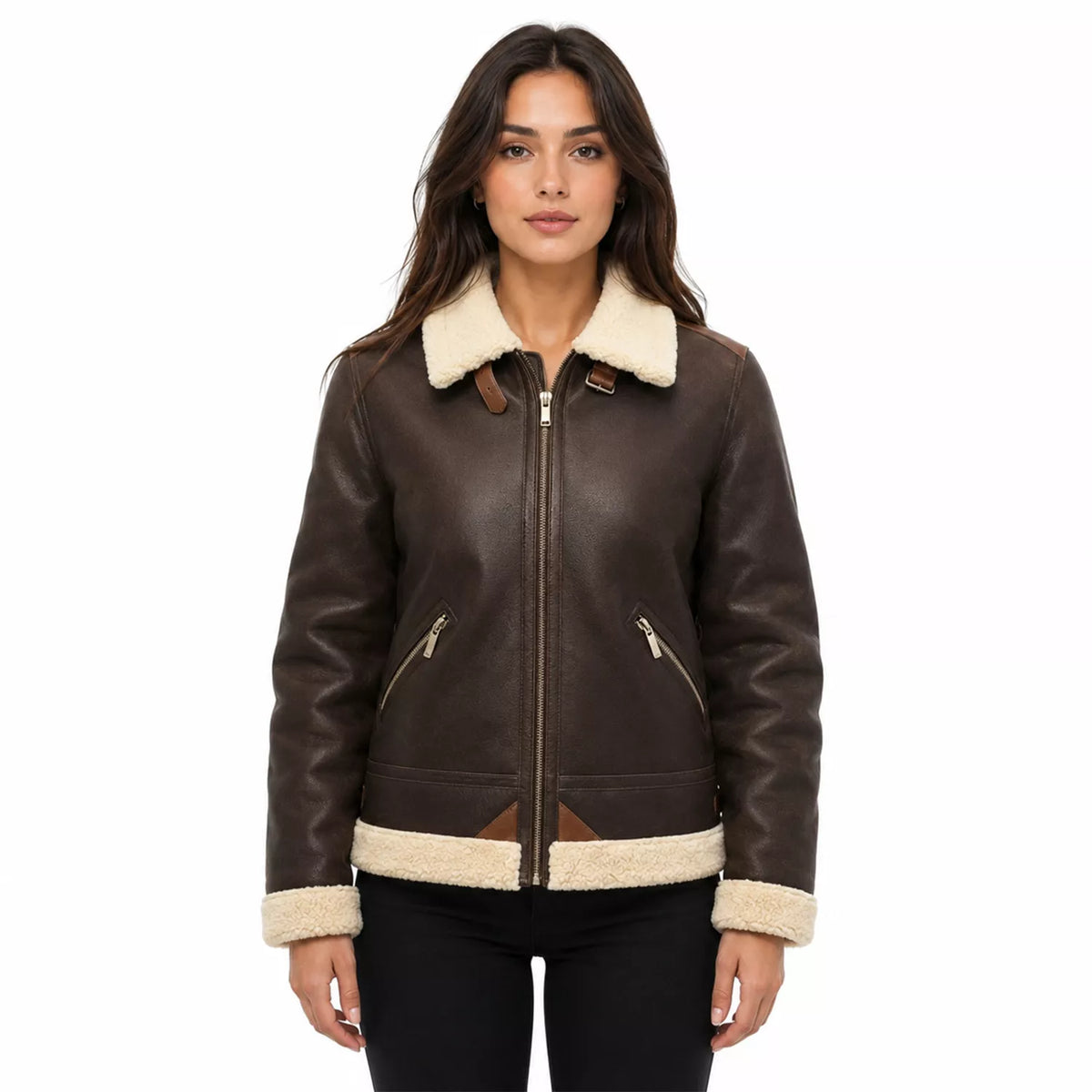 Women's Dark Brown Cream Shearling Leather Bomber Jacket