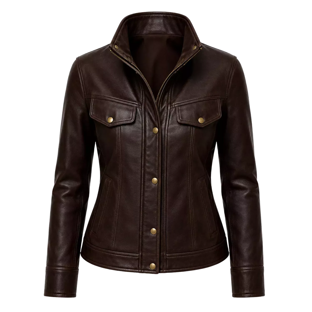 Women's Dark Brown Leather Bomber Jacket | Zip-Up Snap Button Jacket