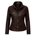 Women's Dark Brown Leather Bomber Jacket | Zip-Up Snap Button Jacket