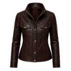 Women's Dark Brown Leather Bomber Jacket | Zip-Up Snap Button Jacket