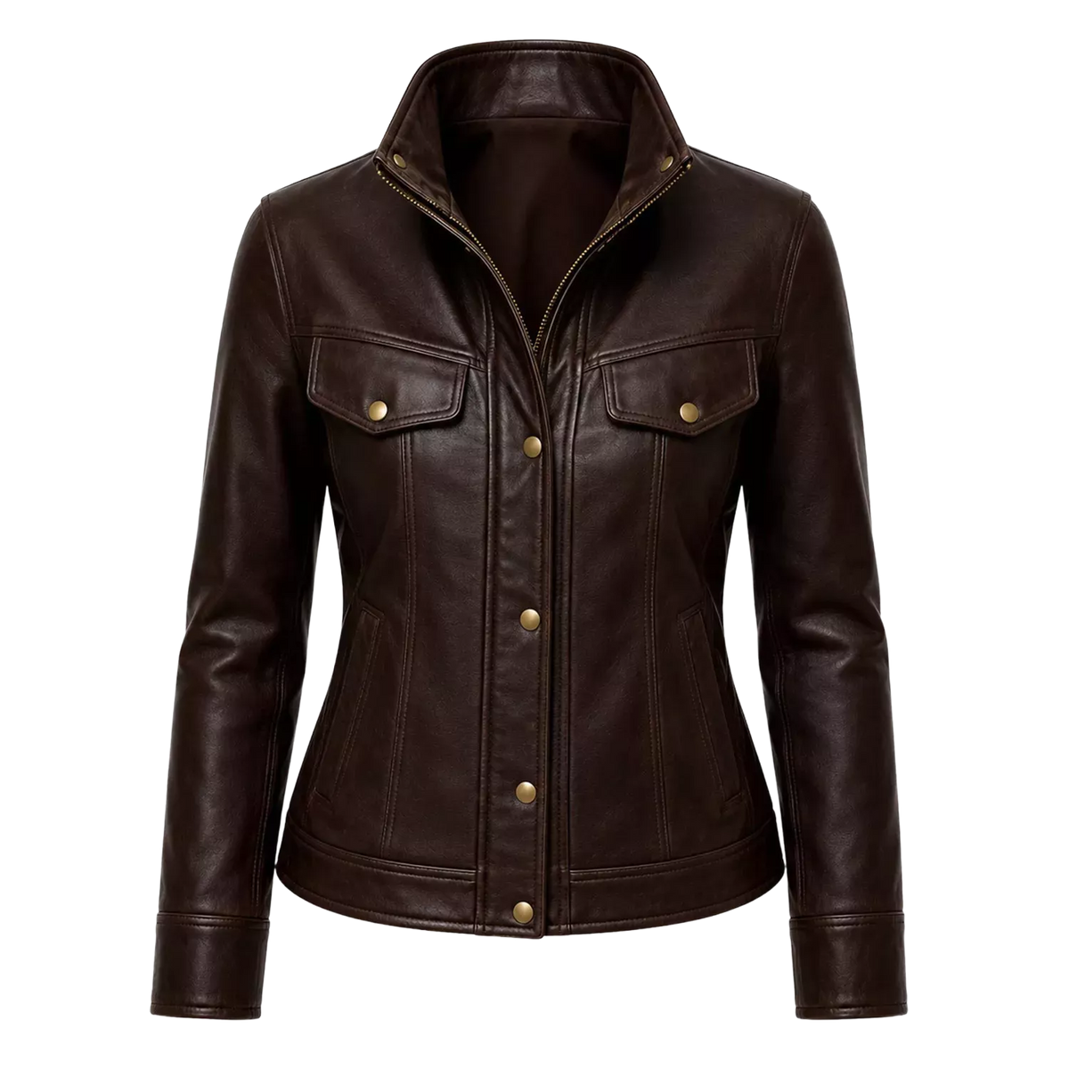 Women's Dark Brown Leather Bomber Jacket | Zip-Up Snap Button Jacket