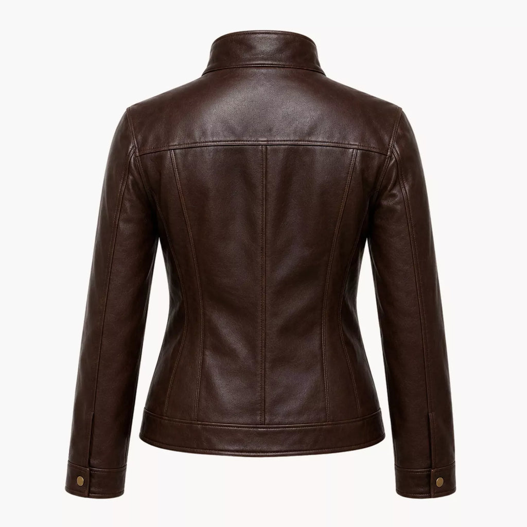 Women's Dark Brown Leather Bomber Jacket | Zip-Up Snap Button Jacket
