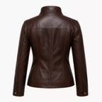 Women's Dark Brown Leather Bomber Jacket | Zip-Up Snap Button Jacket