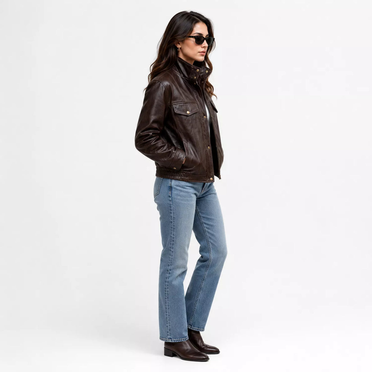 Women's Dark Brown Leather Bomber Jacket | Zip-Up Snap Button Jacket