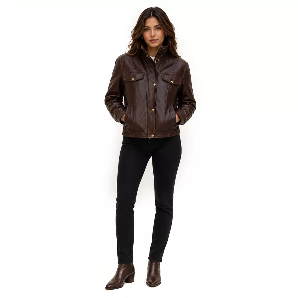Women's Dark Brown Leather Bomber Jacket | Zip-Up Snap Button Jacket