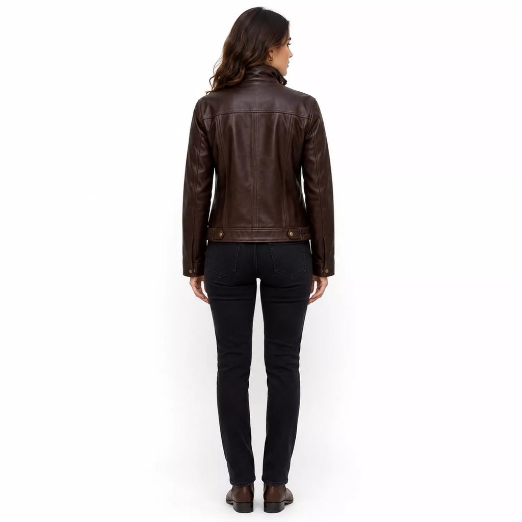 Women's Dark Brown Leather Bomber Jacket | Zip-Up Snap Button Jacket