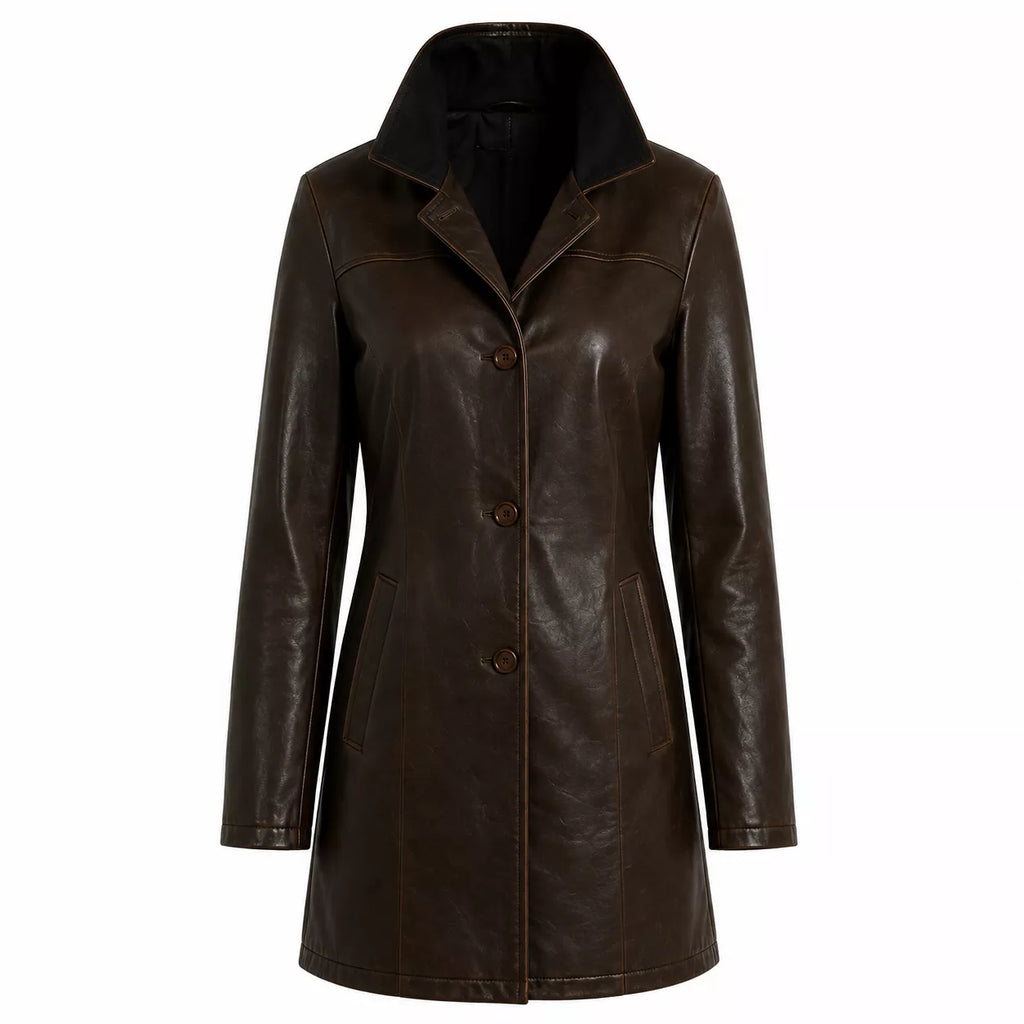 Women’s Dark Brown Leather Car Coat | Classic Long Jacket