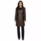 Women’s Dark Brown Leather Double-Breasted Coat | Tailored Longline Trench
