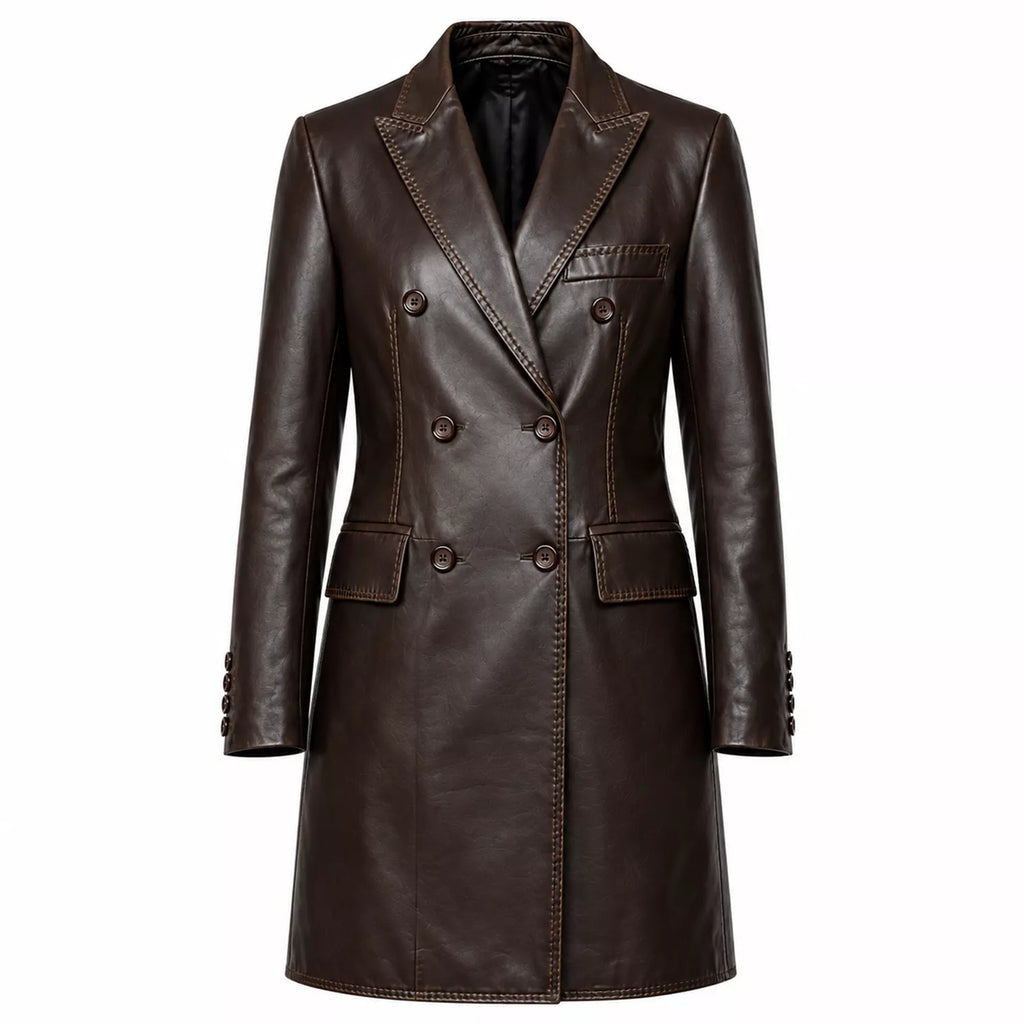 Women’s Dark Brown Leather Double-Breasted Coat | Tailored Longline Trench