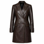 Women’s Dark Brown Leather Double-Breasted Coat | Tailored Longline Trench