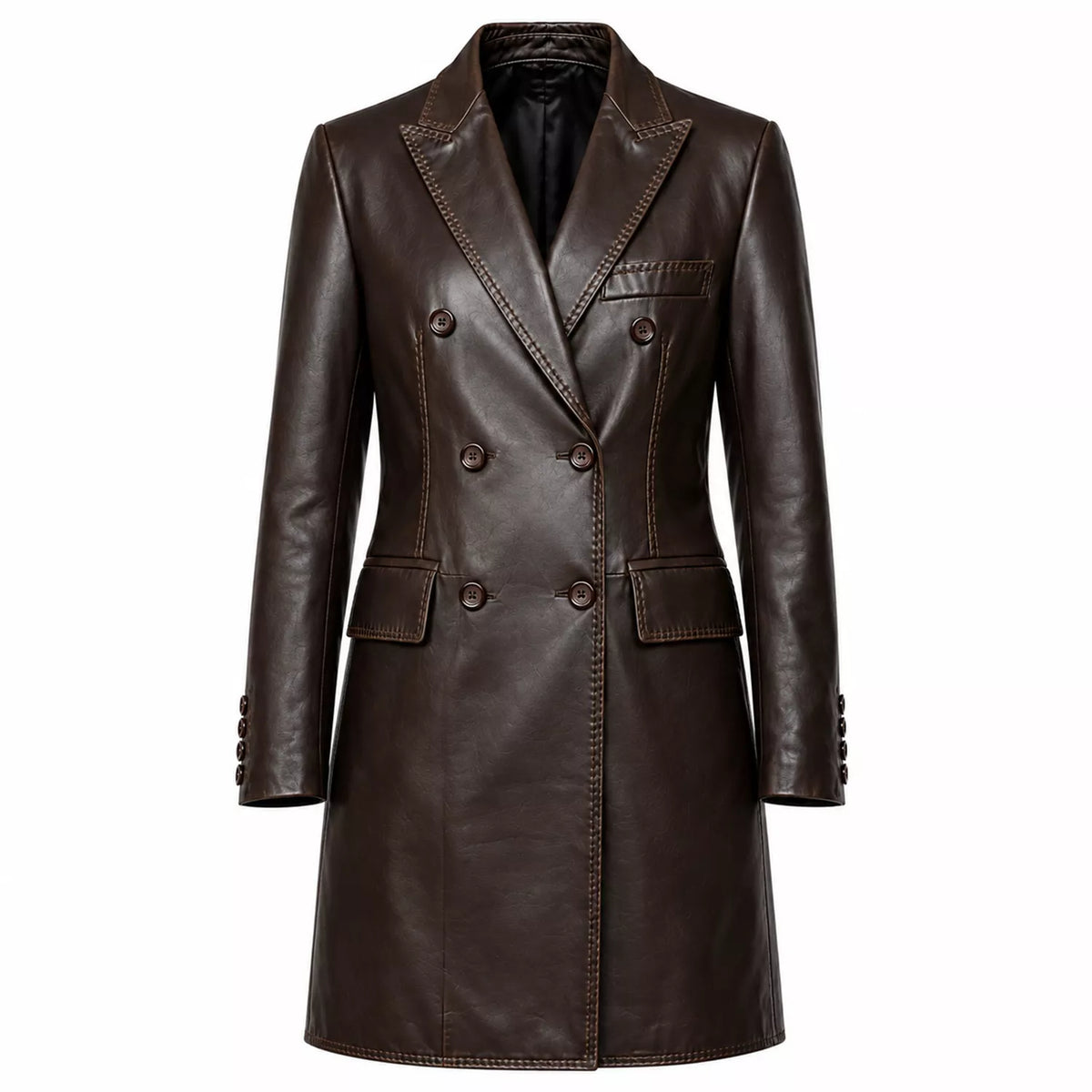 Women’s Dark Brown Leather Double-Breasted Coat | Tailored Longline Trench