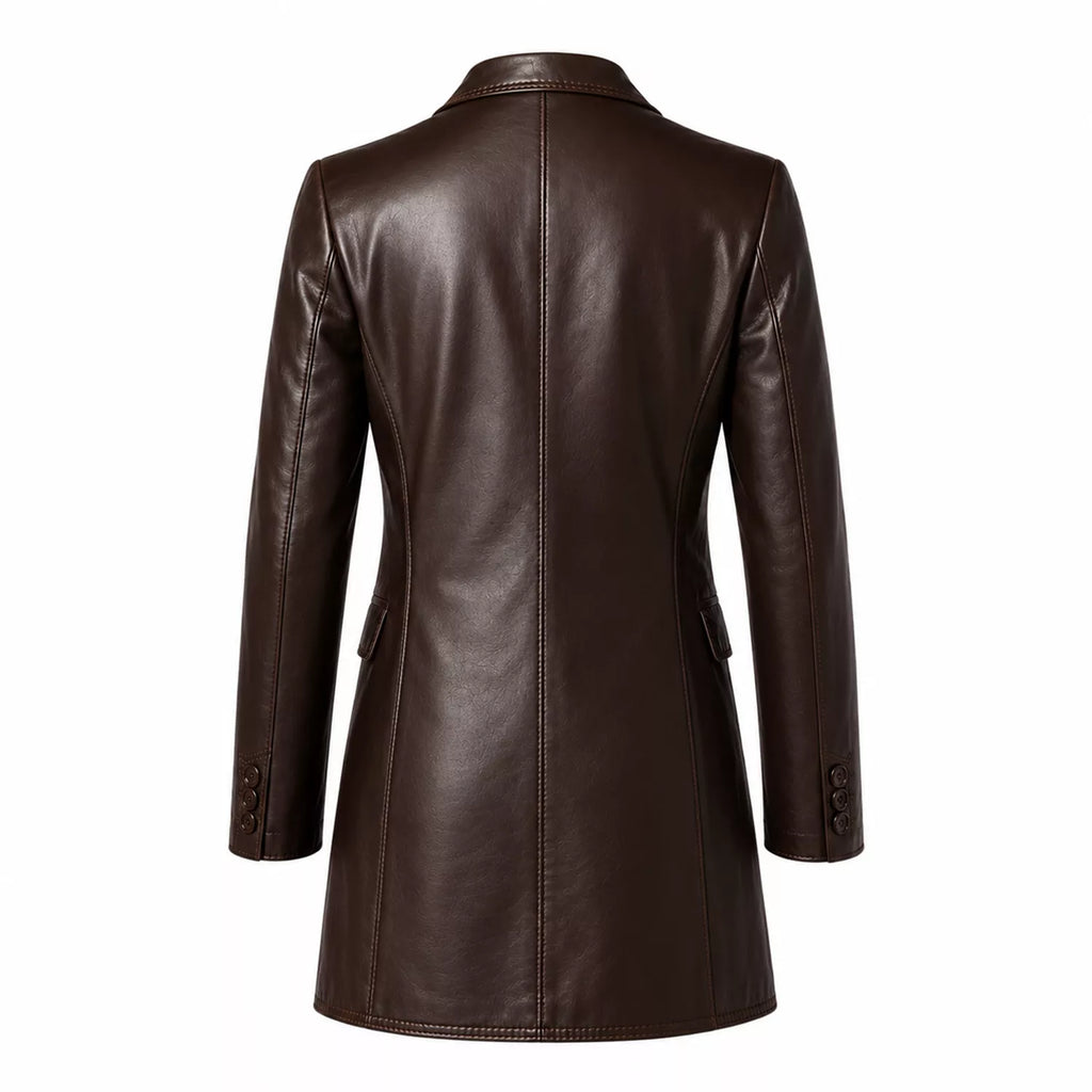 Women’s Dark Brown Leather Double-Breasted Coat | Tailored Longline Trench