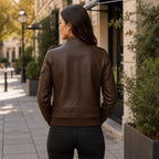 Women’s Dark Brown Leather Utility Racer Jacket | Multi Pocket