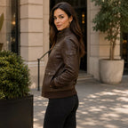 Women’s Dark Brown Leather Utility Racer Jacket | Multi Pocket