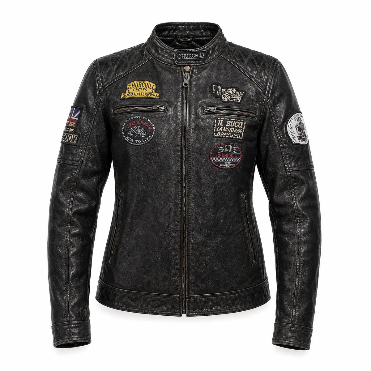 Women’s Distressed Black Leather Café Racer Jacket with Vintage Motorcycle Patches