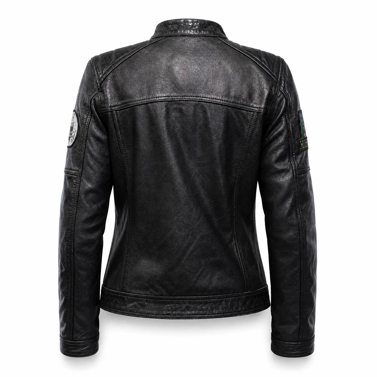 Women’s Distressed Black Leather Café Racer Jacket with Vintage Motorcycle Patches