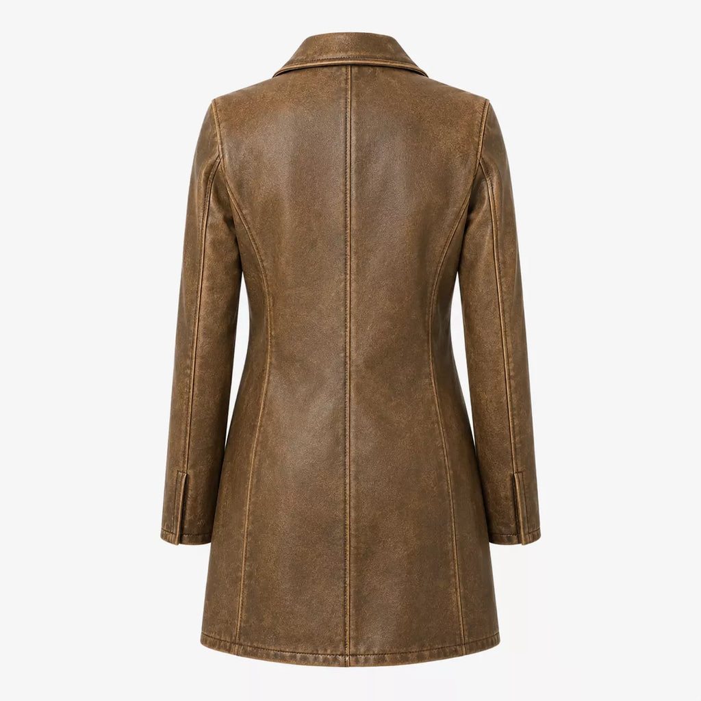 Women’s Distressed Brown Leather Coat with Button Front