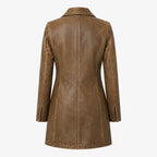 Women’s Distressed Brown Leather Coat with Button Front