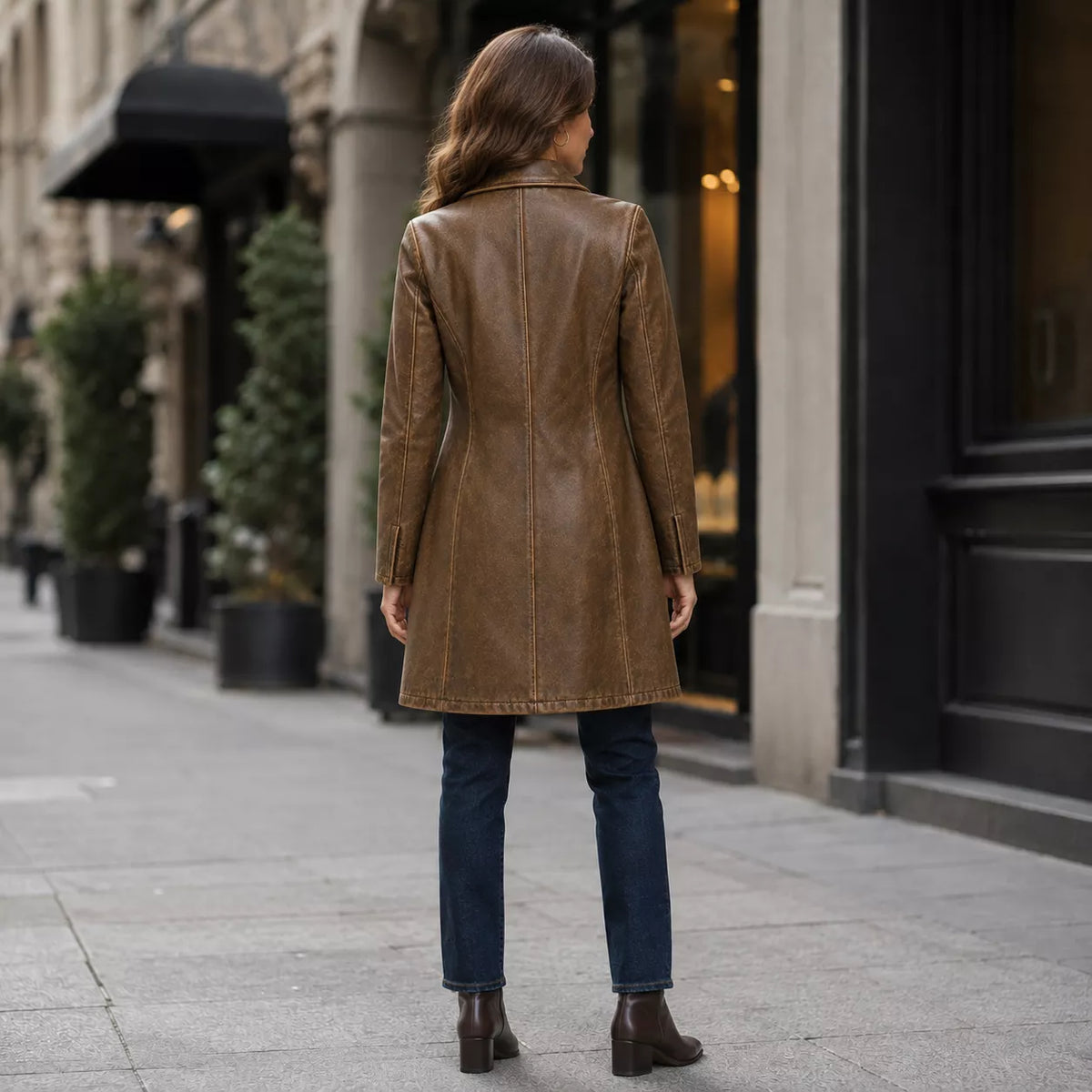 Women’s Distressed Brown Leather Coat with Button Front