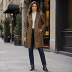 Women’s Distressed Brown Leather Coat with Button Front