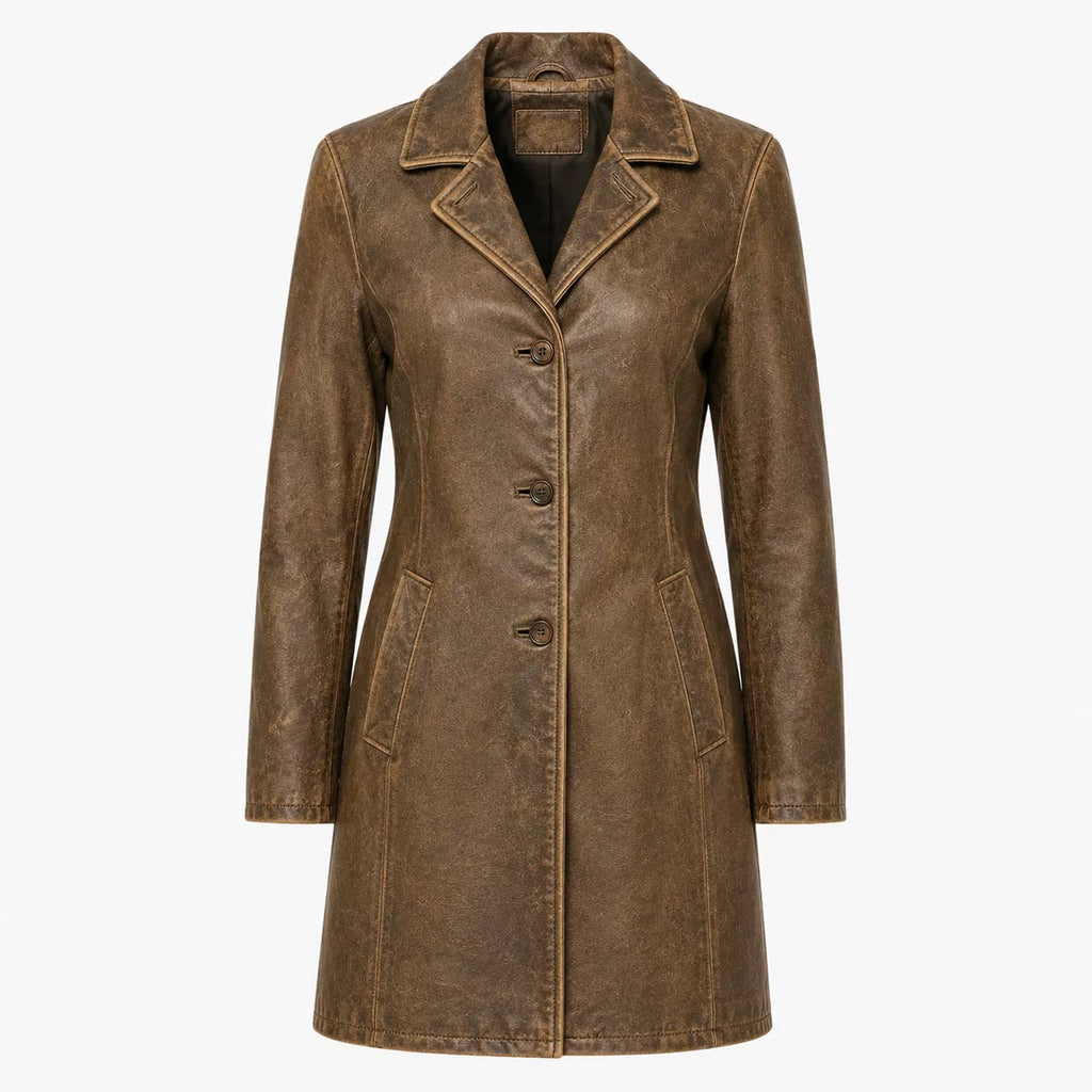 Women’s Distressed Brown Leather Coat with Button Front