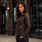 Women's Distressed Brown Vintage Biker Leather Jacket | Asymmetric Moto Jacket
