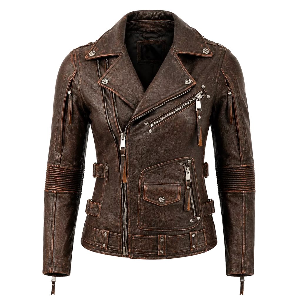 Women's Distressed Brown Vintage Biker Leather Jacket | Asymmetric Moto Jacket
