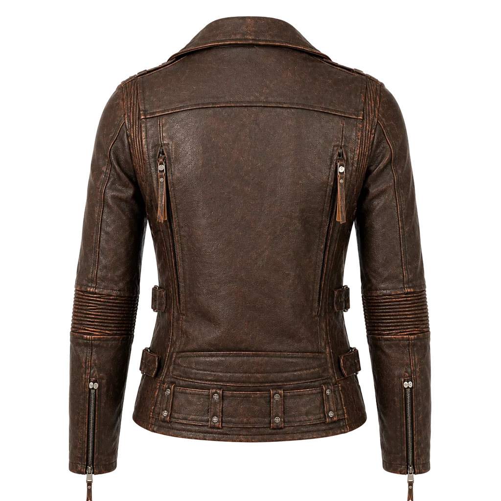 Women's Distressed Brown Vintage Biker Leather Jacket | Asymmetric Moto Jacket