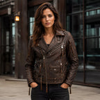 Women's Distressed Brown Vintage Biker Leather Jacket | Asymmetric Moto Jacket