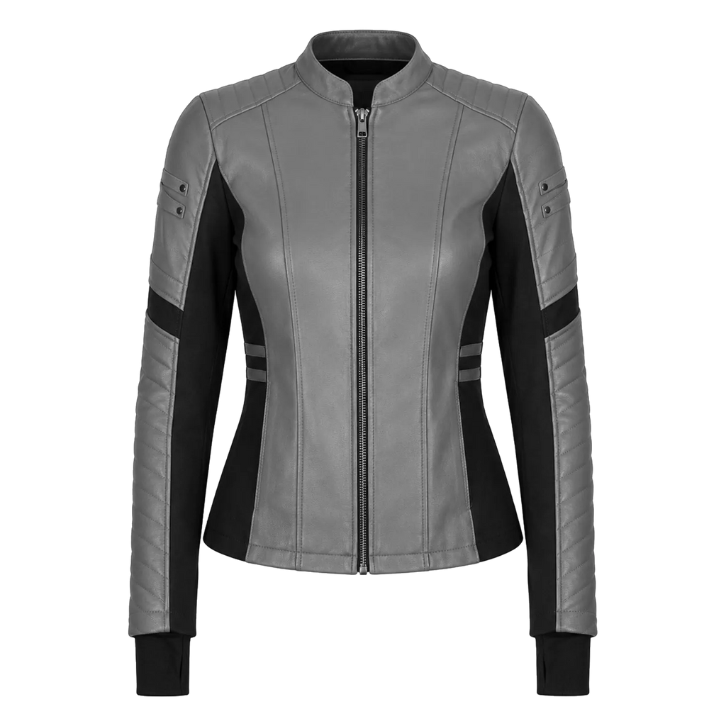 Women's Grey Black Leather Moto Jacket | Zip-Up Biker Style Jacket
