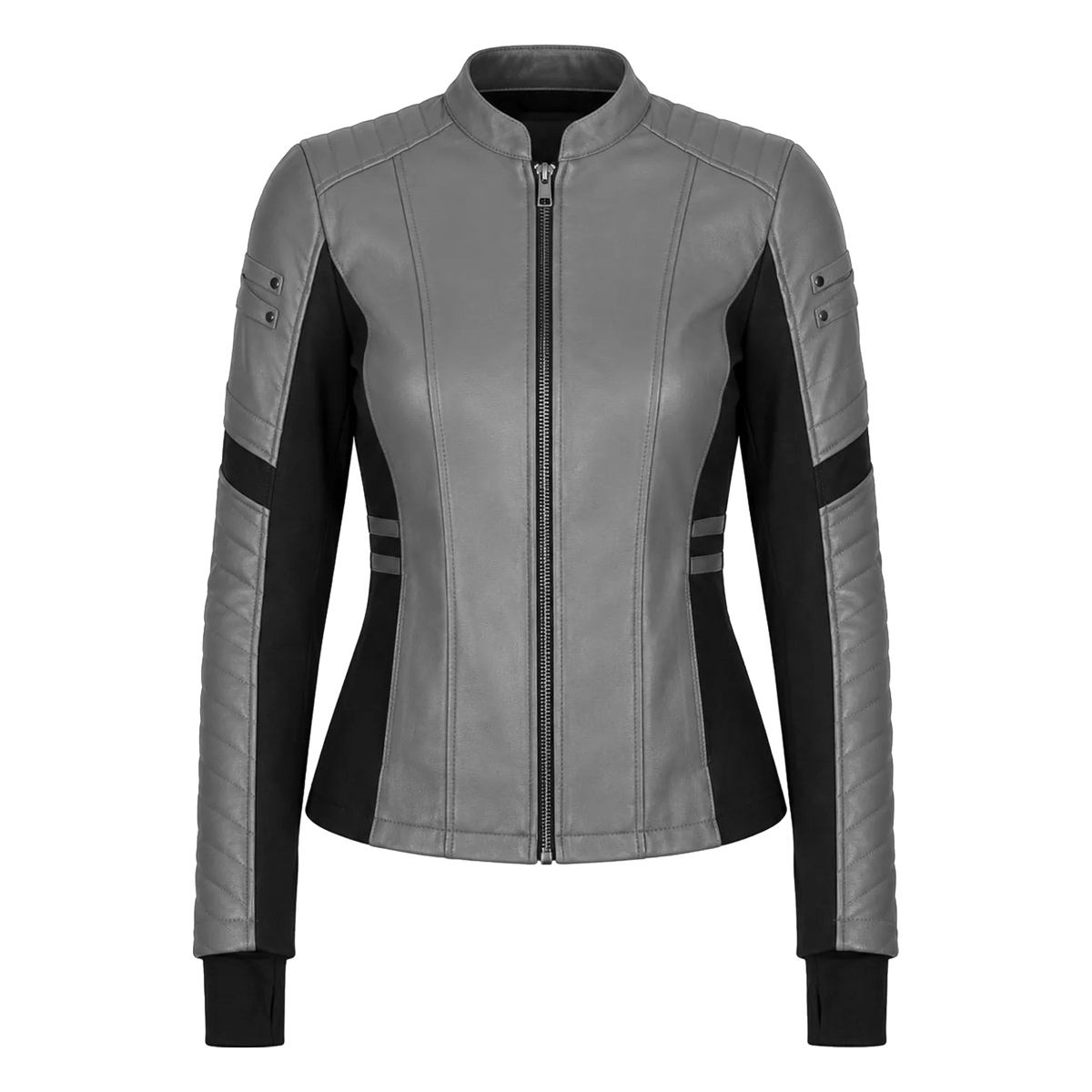 Women's Grey Black Leather Moto Jacket | Zip-Up Biker Style Jacket
